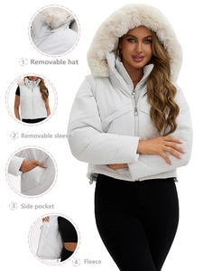 White hooded short puffer jacket with detachable sleeves and faux fur collar for winter