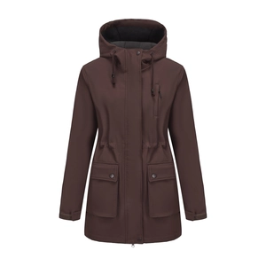 Detail of waterproof hooded jacket with adjustable drawstring waist and cargo pockets