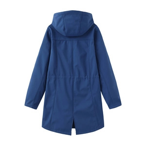 Rear view of waterproof hooded jacket featuring adjustable drawstring waist and back slit detail