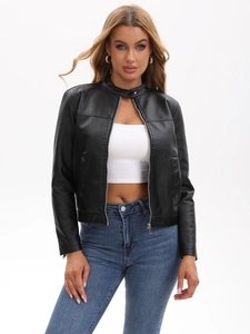 Black slim-fit faux leather jacket with stand collar and front zipper for women
