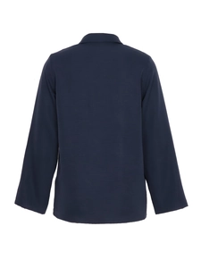 Minimalist navy blue French linen long sleeve shirt for women featuring a clean back view
