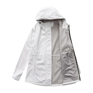 Detail view of the warm gray fleece lining and inner zipper pocket on white windbreaker jacket