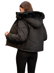 Short hooded winter jacket with faux fur collar and V-shaped stitching in black