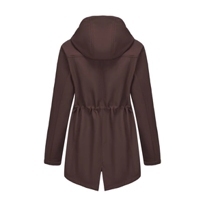 Back view of brown hooded raincoat with adjustable drawstring waist and fishtail hem