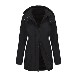 Close-up of black windproof parka featuring a zip closure and quilted thermal lining