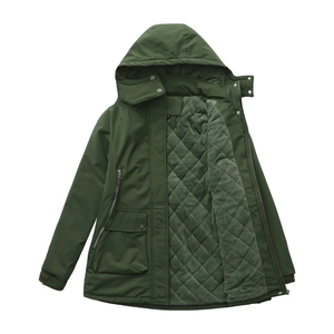 Detailed view of deep green waterproof parka with thick grey fleece lining and secure pockets