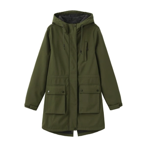Close-up of olive green hooded parka with functional pockets and adjustable drawstrings