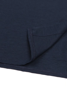 French style navy linen shirt showing high-density double stitching and fabric texture