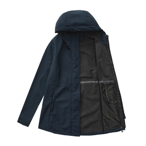 Detail of waterproof softshell jacket with warm black fleece lining and drawstring waist