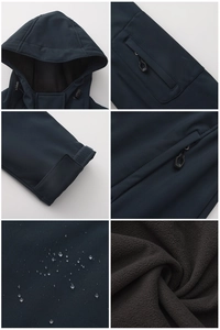 Detail shots of waterproof fabric, fleece lining and zippered pockets on hooded jacket