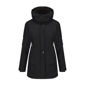 Detail of windproof high-neck hood and snap button closure on black women's parka