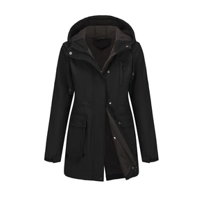 Close-up of black hooded jacket featuring warm grey fleece lining and zipper closure