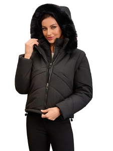 Women's short puffer jacket in black with detachable hood and faux fur trim