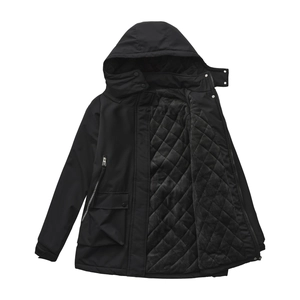 Detail of waterproof outdoor parka showing quilted lining and secure pocket features