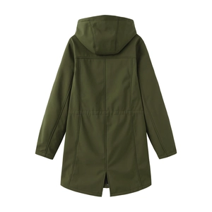 Back view of army green hooded rain jacket with structural stitching and split hemline