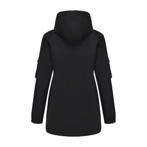 Back view of a black hooded windproof parka jacket with elastic cuffs for hiking