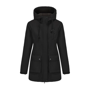 Detail of waterproof black hooded parka featuring adjustable drawstrings and metallic snaps