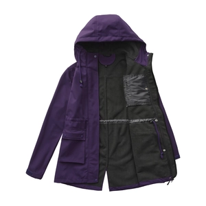 Detail of purple waterproof jacket showing black fleece lining and adjustable drawstring