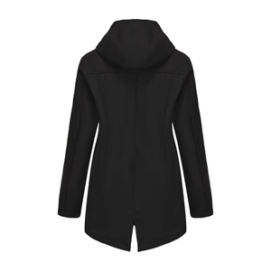 Rear view of black waterproof hooded jacket with slim fit cut and swallowtail hem design