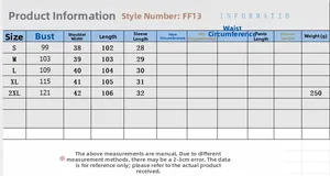 Guide des tailles détaillé pour robe en coton et lin avec mesures de buste et d'épaules