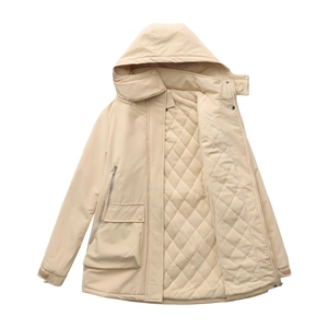 Detail of beige winter parka showing quilted lining and durable windproof exterior fabric