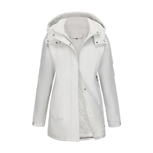 Detail of white women's windproof jacket with hooded collar and diamond quilted lining