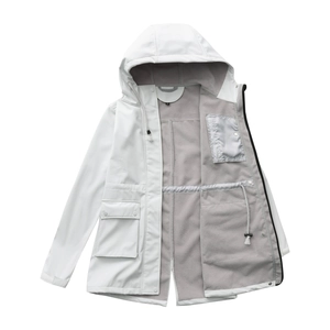 White waterproof hooded jacket detail with grey fleece lining and adjustable drawstrings