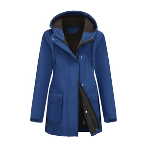 Detail of blue waterproof hooded jacket featuring zipper, snap buttons and fleece lining
