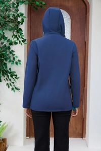 Rear view of a navy blue hooded windbreaker jacket with premium fleece lining and outdoor fabric