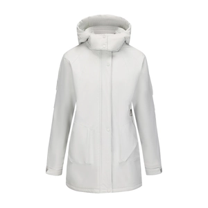 Close-up of white waterproof hood and snap-button collar on functional outdoor jacket