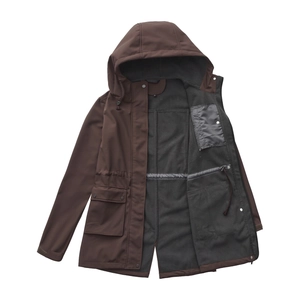 Detail of dark brown hooded rain jacket with warm grey fleece lining and inner pocket
