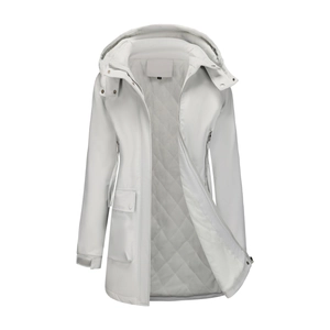 Detail of white hooded parka showing quilted lining and water-resistant fabric texture
