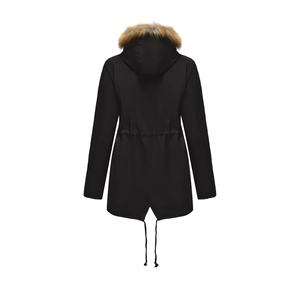 Vue arrière de la parka noire pour femme avec cordon de serrage et ourlet en queue de poisson
