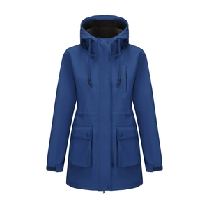 Close-up of waterproof dark blue raincoat with drawstring hood and zipper pockets