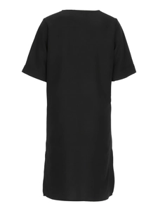Robe midi noire à manches courtes en coton et lin pour femme avec col rond vue de dos