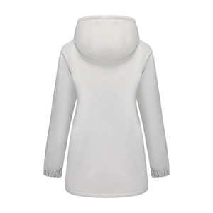 Rear view of light gray hooded jacket with elastic cuffs and a minimalist H-cut design