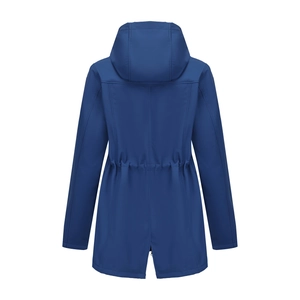Rear view of blue hooded raincoat featuring adjustable drawstring waist and slit hem detail
