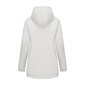 Rear view of women's light grey waterproof windbreaker with hood and elastic cuffs