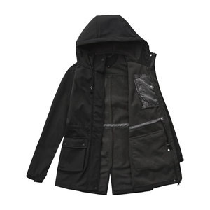 Detail of waterproof black hooded jacket showing flap pockets and zipper closure
