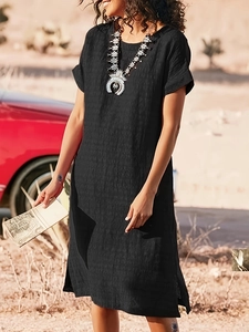 Robe Midi Noire Décontractée Style Bohème pour Femmes Col Rond Manches Courtes Fentes Latérales Robe T-Shirt Droite pour Vacances