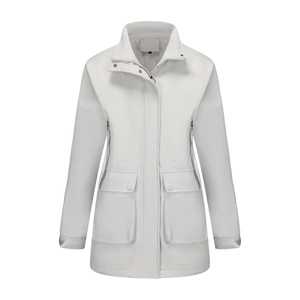 Detail view of water-resistant light grey parka with adjustable cuffs and large flap pockets