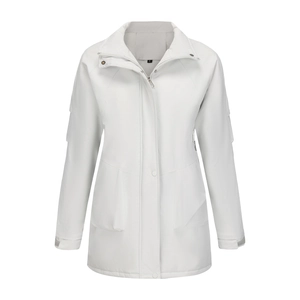 Detail view of white windproof jacket showing front zipper, pockets, and stand collar