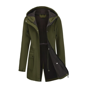 Detail of olive green rain jacket with fleece lining and drawstring waist