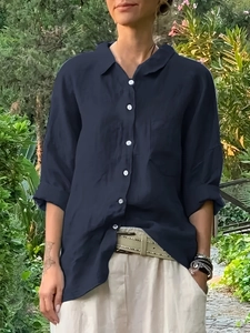 Women's Casual Long Sleeve Shirt Loose French Style Turn-Down Collar Single Breasted Navy Blue Blouse With Chest Pocket