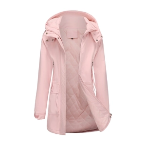 Detailed quilted lining and pink waterproof parka jacket with metal zipper closure