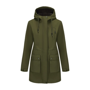 Detail of waterproof hooded rain jacket with snap buttons and tactical pockets in olive green