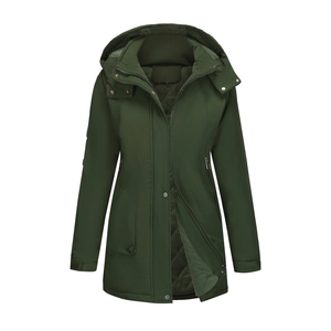 Detail of dark green hooded parka with quilted warm lining and zipper pockets