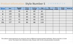 Detailed size chart for women's long hooded jacket showing measurements from S to 2XL