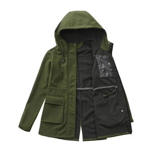 Detail of waterproof dark green parka featuring warm fleece lining and adjustable waist drawstring