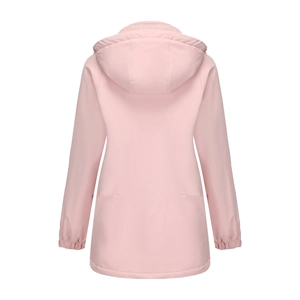 Rear view of pink hooded winter parka for women with elastic cuffs and windproof fabric